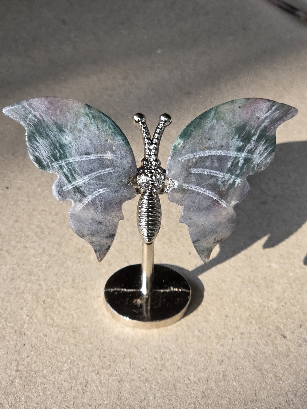 Ocean Jasper Crystal Butterfly Wings On Metal Body Stand Decor